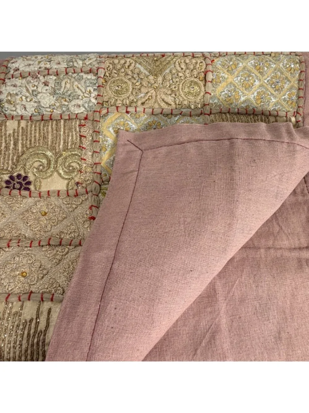Patchwork Embroidered Table Runner Gold & Red Floral Bohemian Decor 72x16.5